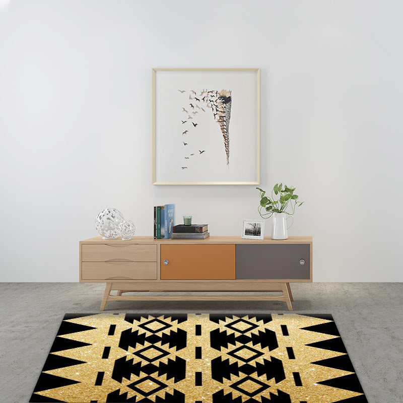BowLift | Zigzag Tribal-Diamond Rug in Gold and Black Polyester Non-Slip Back Power Loom Indoor Rug