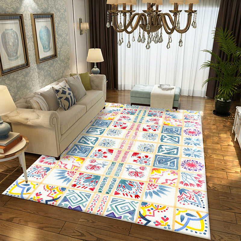 BowLift | Yellow Moroccan carpet Polyester flowers Greek key square pattern rug non-slip rug for bedroom