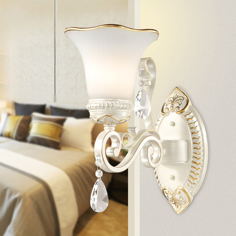 BowLift | Milk glass flower wall lamp vintage 1/2 head wall-mounted light with clear crystal accent in white for the bedroom