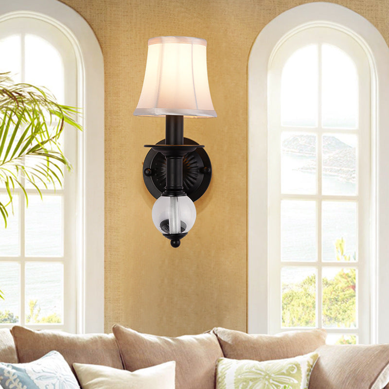 BowLift | White Fabric Bell Wall Lamp Contemporary 1 Light Wall Lamp with Crystal Ball and Straight Arm in Black
