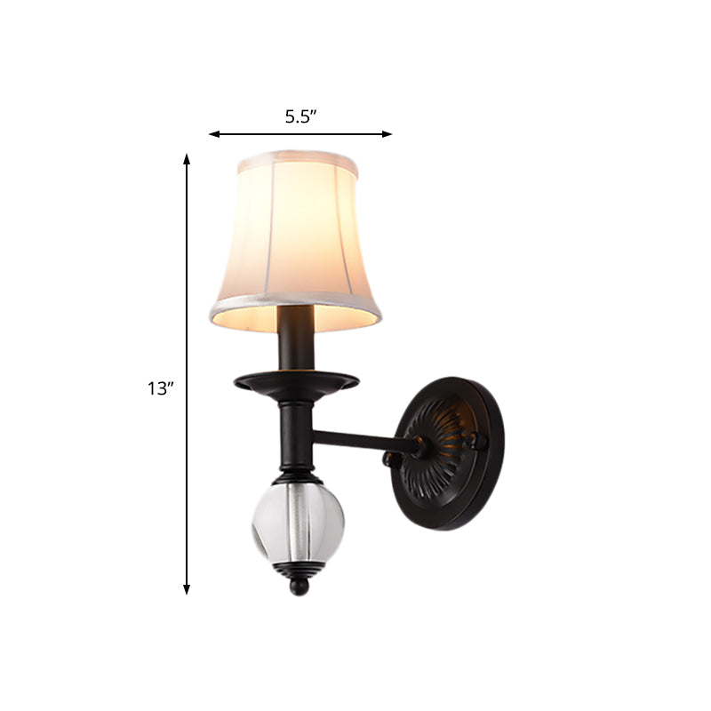 BowLift | White Fabric Bell Wall Lamp Contemporary 1 Light Wall Lamp with Crystal Ball and Straight Arm in Black
