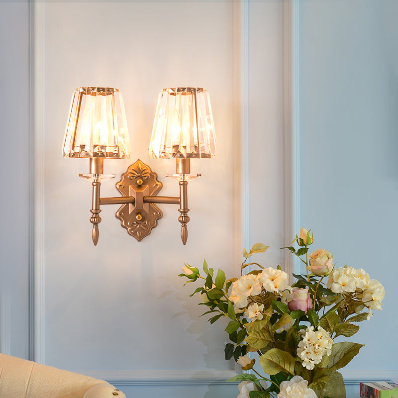 BowLift | Faceted Crystal Wall Light with Conical Shade Modernist 1/2-Light Wall Lamp in Copper for Bedroom