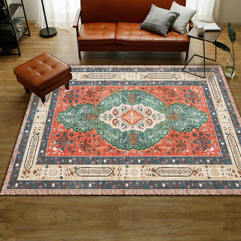 BowLift | Persian Moroccan rug with orange medallion flower pattern rug polyester washable non-slip rug for home decor