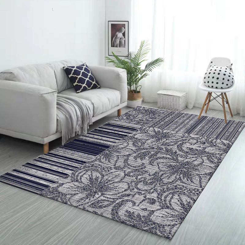 BowLift | Shabby Chic Flower Pattern Rug with Stripes Dark Gray Polyester Rug Machine Washable Non-Slip Rug for the Living Room