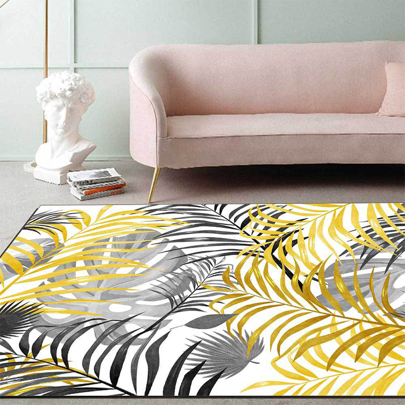 BowLift | Yellow and White Casual Carpet Polyester Leaf Print Carpet Washable Non-Slip Backing Rug for Living Room