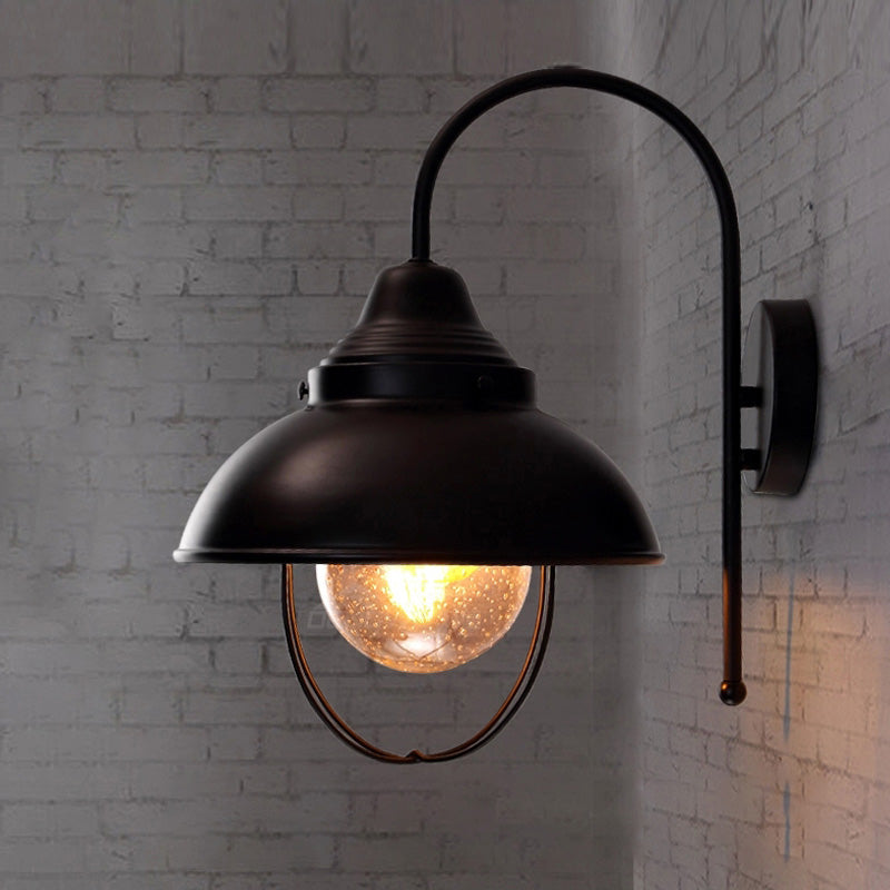 BowLift | Farmhouse Dome Wall Lamp 1 Light Metal Wall Lighting with Cage and Sawed Glass Shade in Black