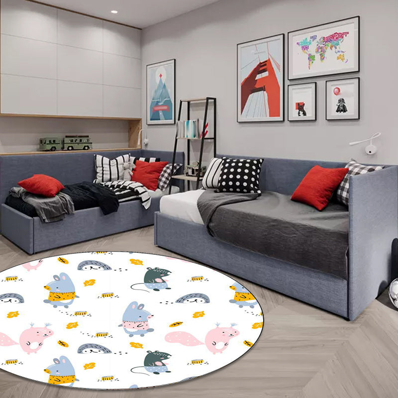 BowLift | Children's bedroom rug in white animal rabbit hedgehog leaf print rug polyester machine washable pet-friendly area rug
