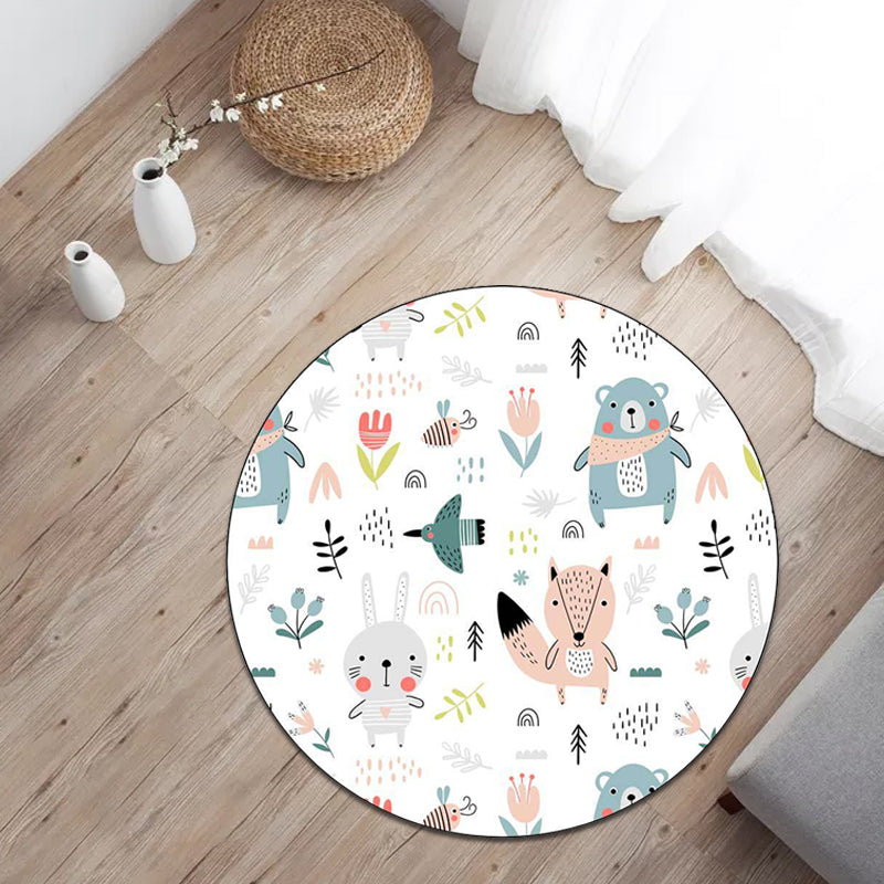 BowLift | White Children's Bedroom Carpet Children Animal Rabbit Fox Bear Flower Pattern Area Rug Polyester Non-Slip Mat