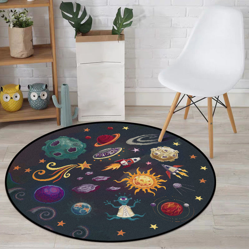 BowLift | Children's room carpet in black space alien planet rocket print carpet polyester machine washable area rug