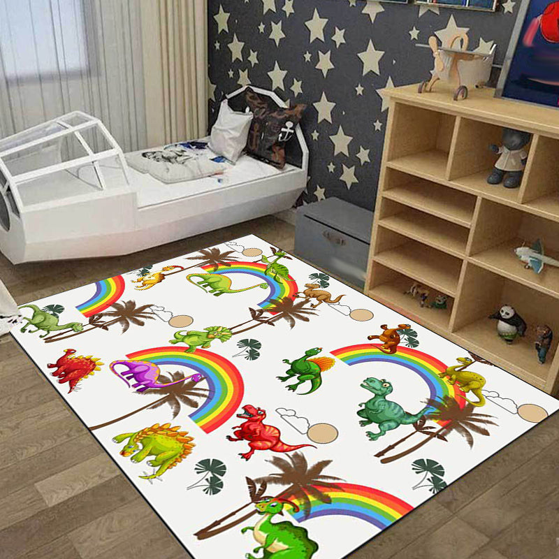 BowLift | White Children's Room Rug Kids Animal Dinosaurs Rainbow Tree Pattern Area Rug Polyester Washable Pet-Friendly Carpet