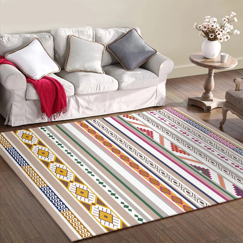 BowLift | White Multicolor Tribal Carpet Polyester Striped Pattern Carpet Washable Non-Slip Back Carpet for Living Room