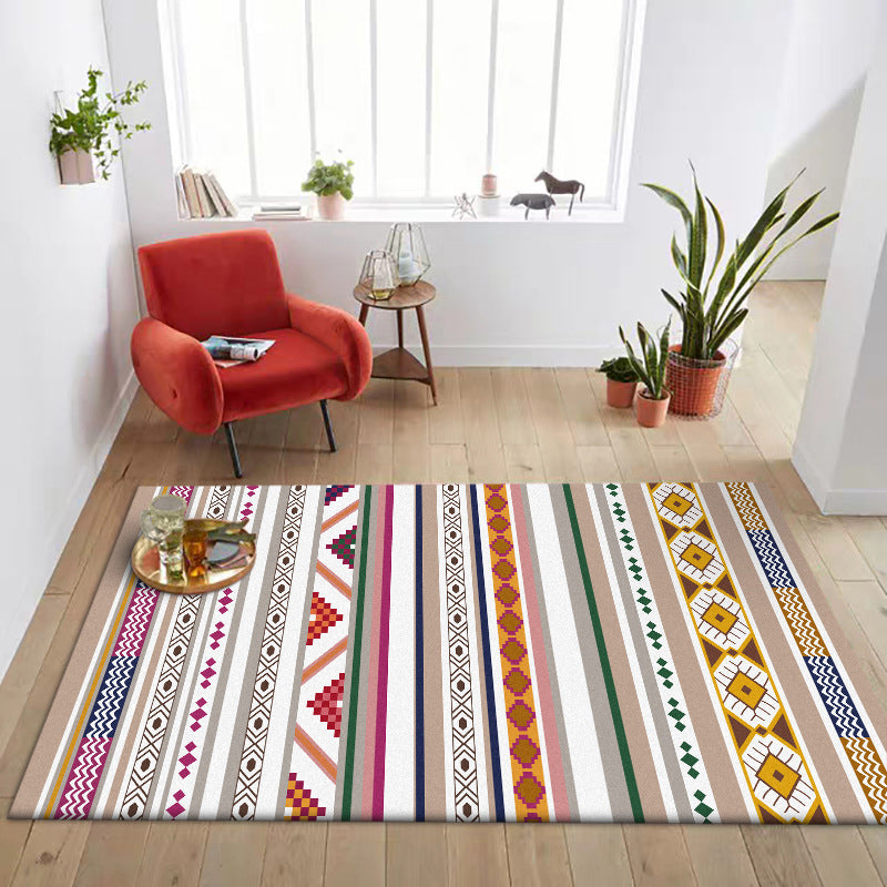 BowLift | White Multicolor Tribal Carpet Polyester Striped Pattern Carpet Washable Non-Slip Back Carpet for Living Room