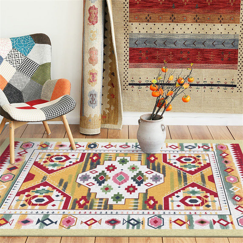 BowLift | Yellow Tribal Carpet Polyester Medallion Pattern Carpet Washable Non-slip Back Carpet for Living Room