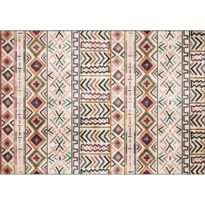 BowLift | Beige Tribal Rug Polyester Geometric and Striped Pattern Rug Washable Non-Slip Back Rug for Living Room