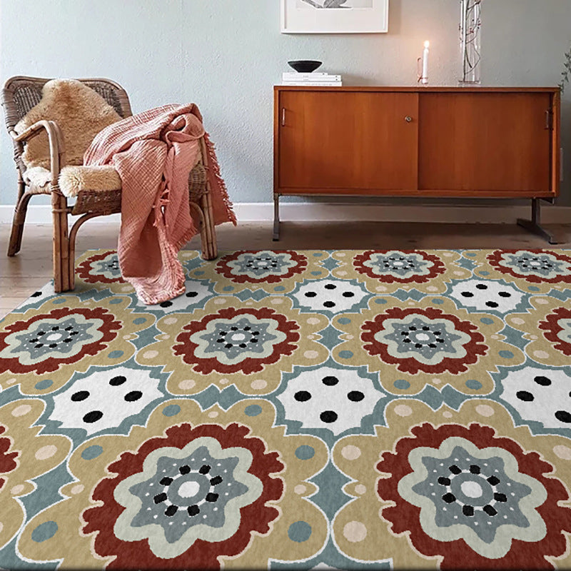 BowLift | Persian plaid rug with floral yellow polyester rug machine washable non-slip rug for the living room