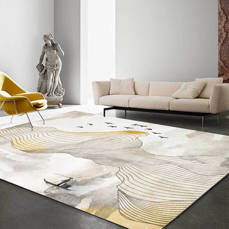 BowLift | Vintage Swirl Stripe pattern rug with bird and character yellow polyester rug machine washable non-slip rug for the bedroom