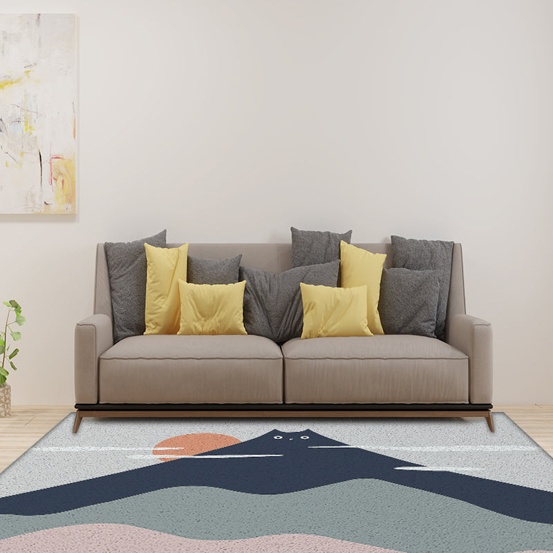 BowLift | Green and Gray Children's Mat Vinyl Cat Mountains Print Carpet Washable Nonslip Back Rug for Children's Room