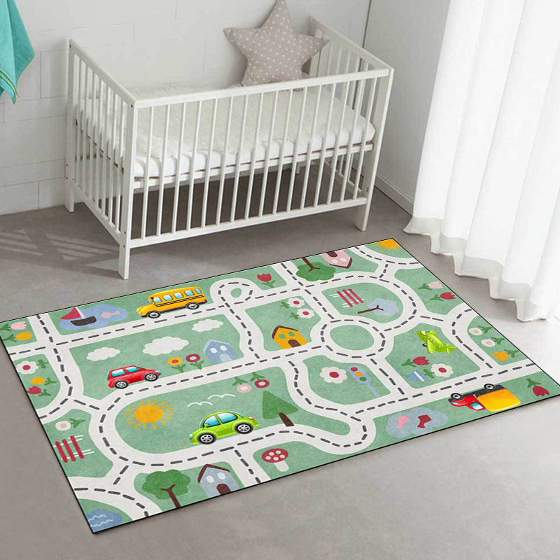 BowLift | Beautiful children's carpet in green with cars & roads, house, flowers, tree pattern, polyester, pet-friendly carpet for the children's room