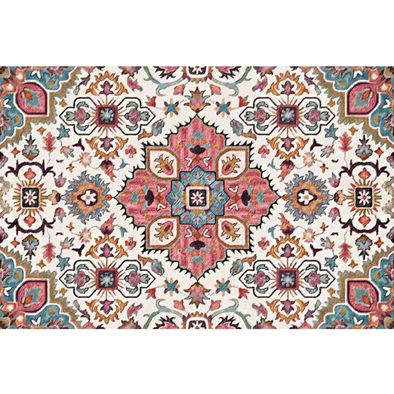 BowLift | Pink Mediterranean Carpet Polyester Flower and Medallion Pattern Carpet Washable Non-Slip Back Carpet for Living Room