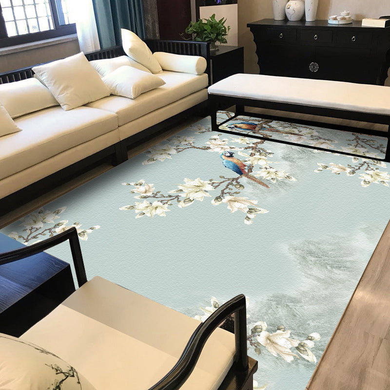 BowLift | Vintage Floral Pattern Rug with Bird Light Green Polyester Rug Machine Washable Non-Slip Rug for the Bedroom