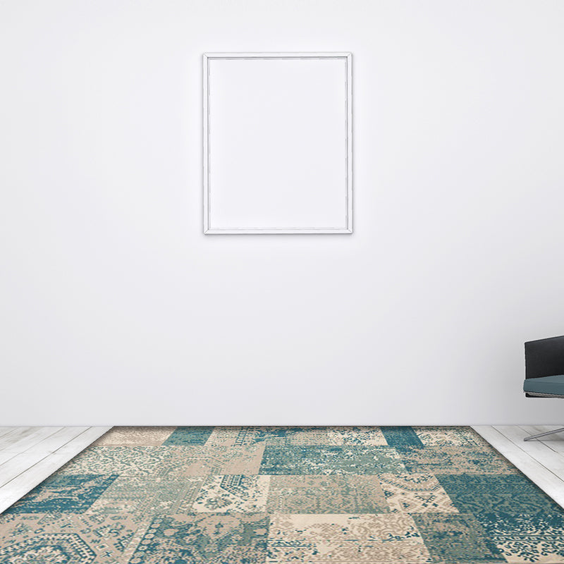 BowLift | Shabby Chic Tribal Pattern Rug Blue and Yellow Polyester Rug Machine Washable Non-Slip Rug for the Bedroom