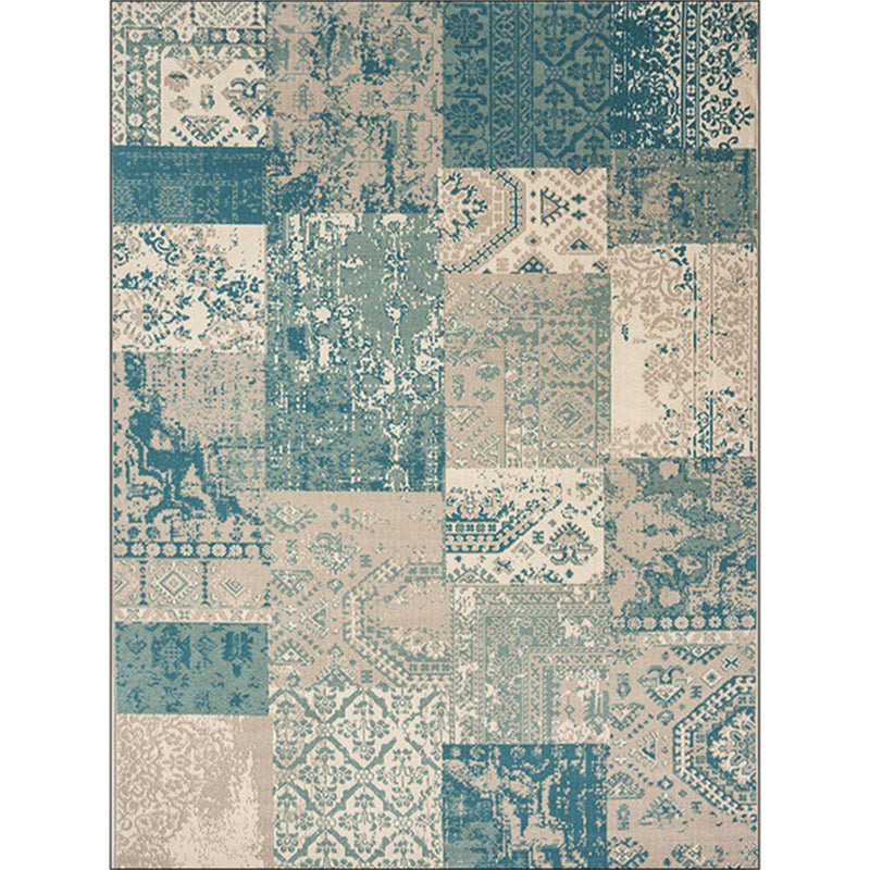 BowLift | Shabby Chic Tribal Pattern Rug Blue and Yellow Polyester Rug Machine Washable Non-Slip Rug for the Bedroom