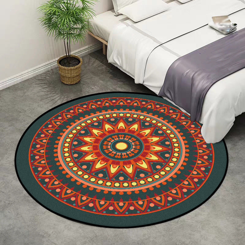 BowLift | Vintage concentric circles pattern rug with flowers orange tribal rug polyester washable non-slip back rug for living room