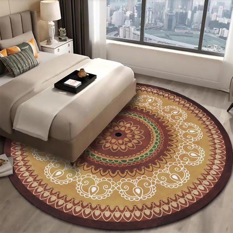 BowLift | Vintage concentrated circles pattern rug with flowers yellow tribal rug polyester washable non-slip backing rug for the living room
