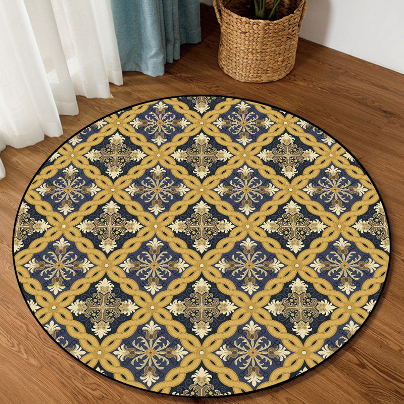 BowLift | Yellow Moroccan Polyester Azulejo and Flower Pattern Rug washable non-slip backing rug for the living room