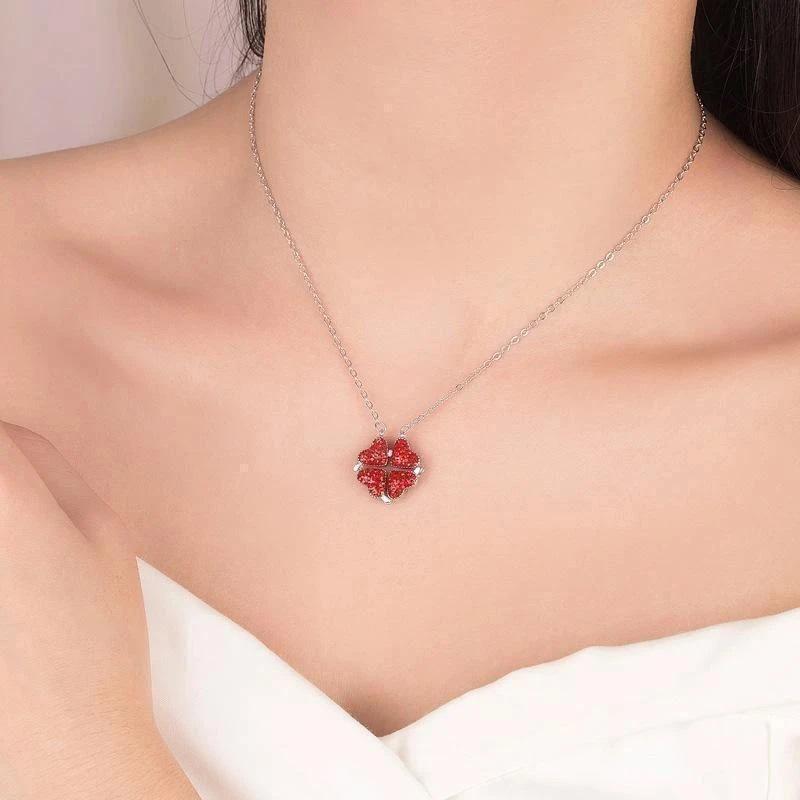 BowLift | Double Sided Four Leaf Clovers Heart Crystal Necklace