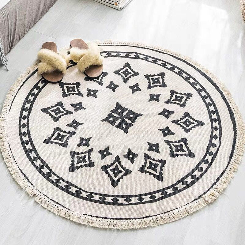 BowLift | White Southwestern Carpet Linen Floral and Concentrated Circles Pattern Carpet Washable Carpet for Living Room
