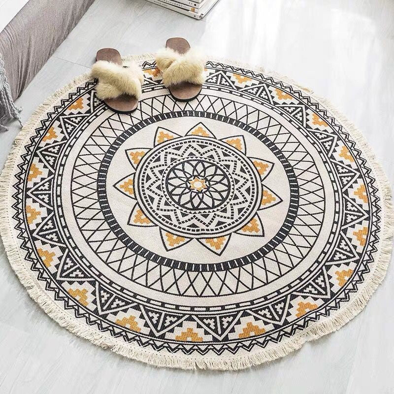BowLift | White Southwestern Carpet Linen Floral and Concentrated Circles Pattern Carpet Washable Carpet for Living Room