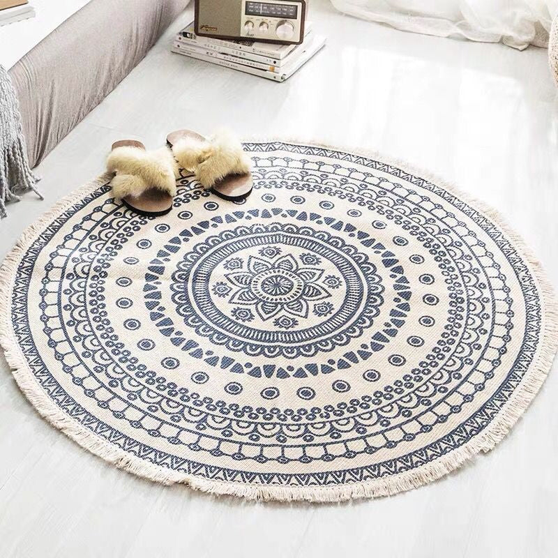 BowLift | White Southwestern Carpet Linen Floral and Concentrated Circles Pattern Carpet Washable Carpet for Living Room