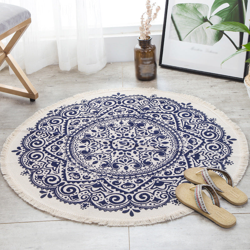 BowLift | White Southwestern Carpet Linen Floral and Concentrated Circles Pattern Carpet Washable Carpet for Living Room