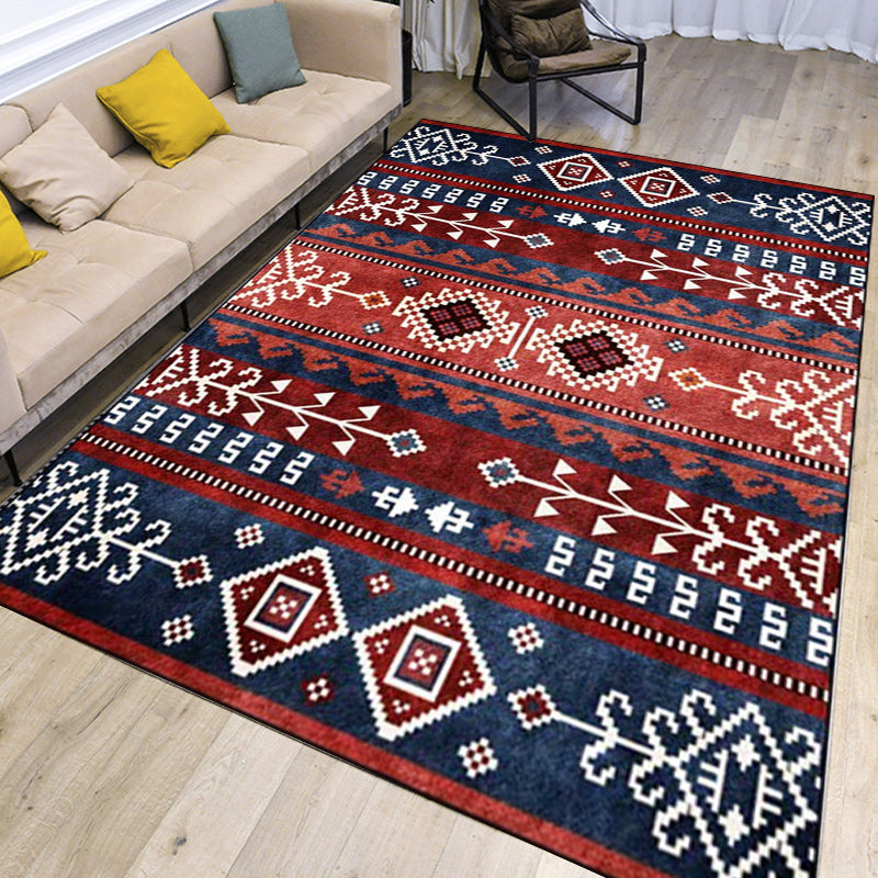 BowLift | Marine and red southwest rug polyester tribal pattern rug washable non-slip backing rug for living room