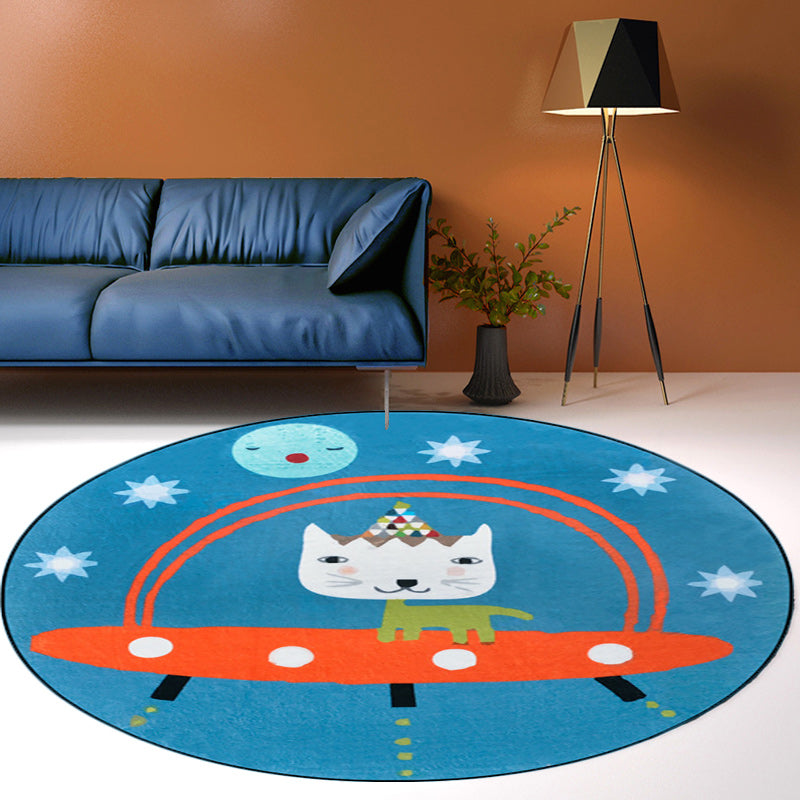 BowLift | Beautiful children's rug in blue animal cat spaceship pattern rug polyester anti-slip mat rug for the children's room