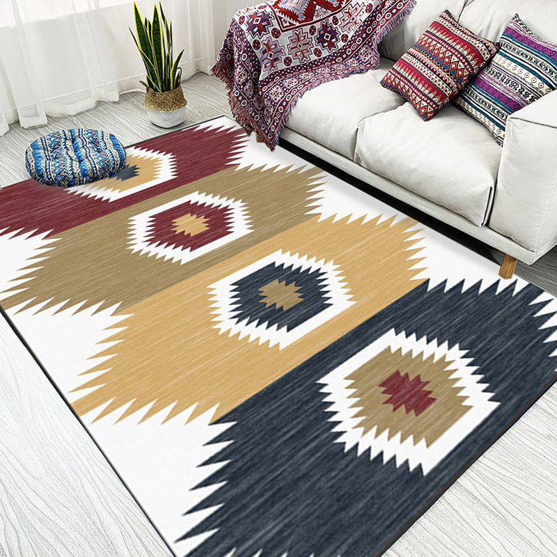BowLift | White and brown bedroom carpet with southwestern geometric pattern, area rug made of polyester with non-slip backing