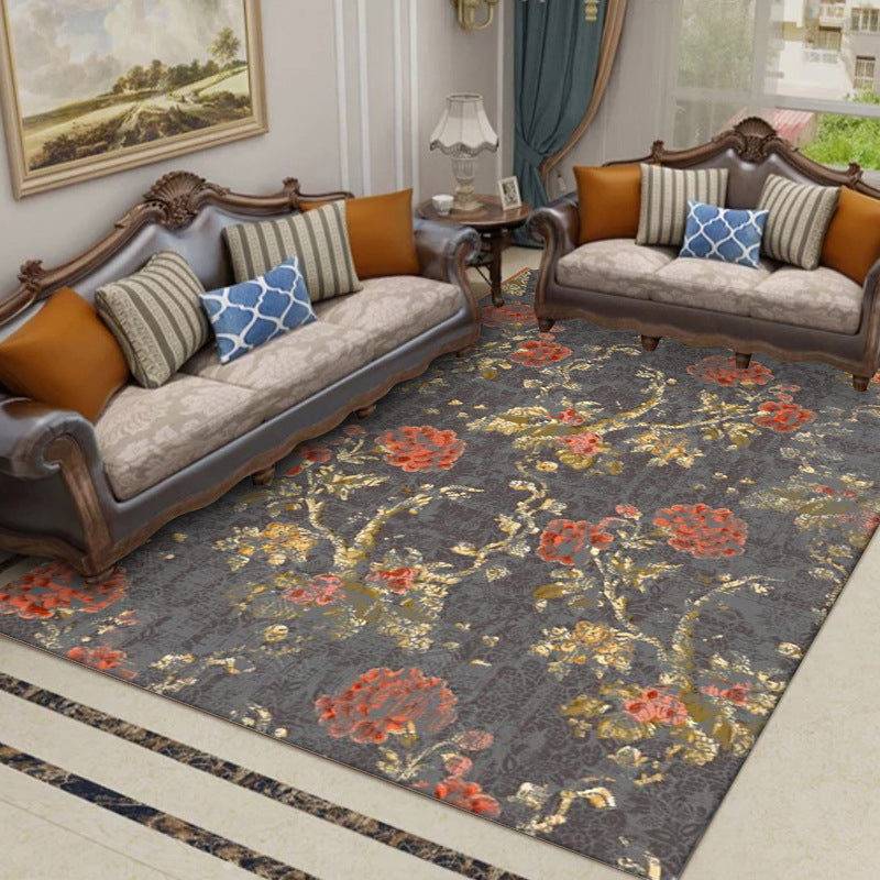BowLift | Dark Gray Vintage Carpet Polyester Flower and Leaf Pattern Carpet Washable Non-Slip Back Carpet for Living Room