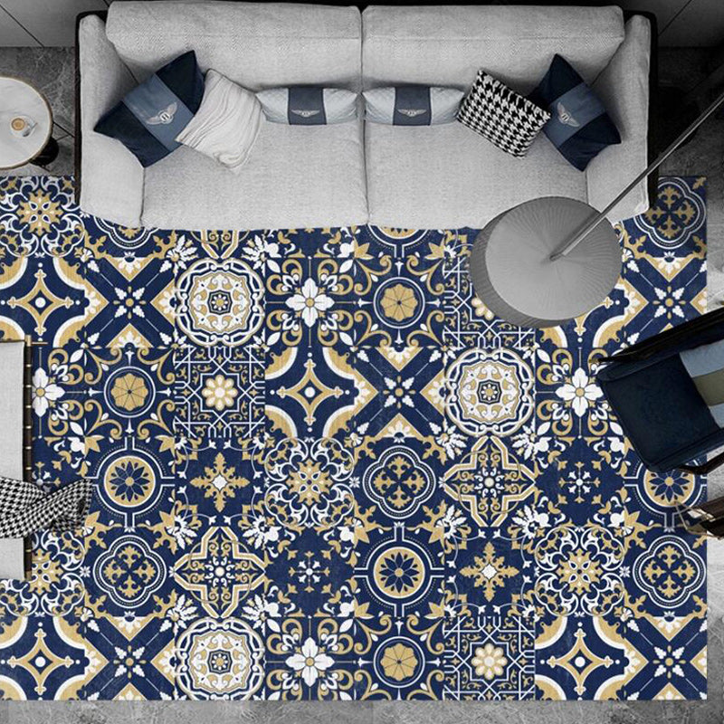 BowLift | Blue Bedroom Rug Moroccan Flower Square Pattern Rug Polyester Non-Slip Back Rug