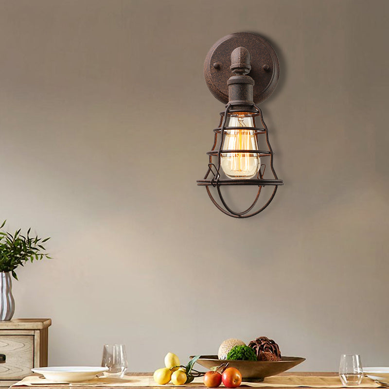 BowLift | Wire Frame Iron Wall Lamp with Pipe Farmhouse 1 Head Dining Room Mini Wall Lamp in Rust