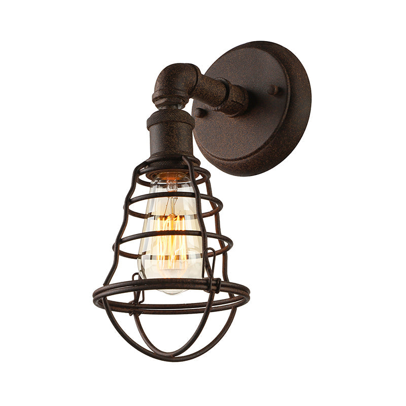 BowLift | Wire Frame Iron Wall Lamp with Pipe Farmhouse 1 Head Dining Room Mini Wall Lamp in Rust
