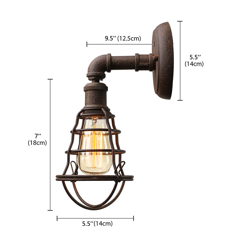 BowLift | Wire Frame Iron Wall Lamp with Pipe Farmhouse 1 Head Dining Room Mini Wall Lamp in Rust