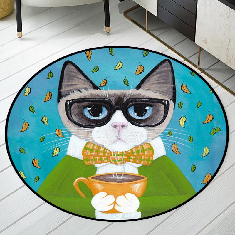 BowLift | Blue and Green Children's Room Rug Children's Animal Dress Cat Leaf Pattern Rug Polyester Washable Rug