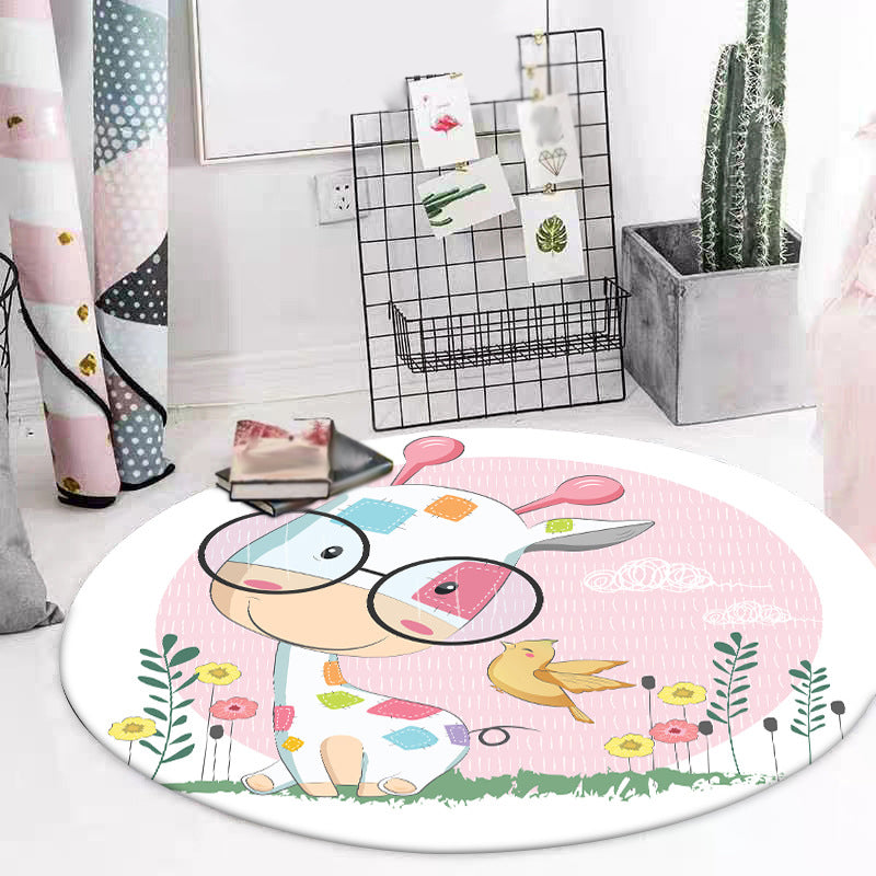 BowLift | Blue and Pink Children's Room Carpet Child Animal Horse Rabbit Pattern Carpet Polyester Non-Slip Back Carpet