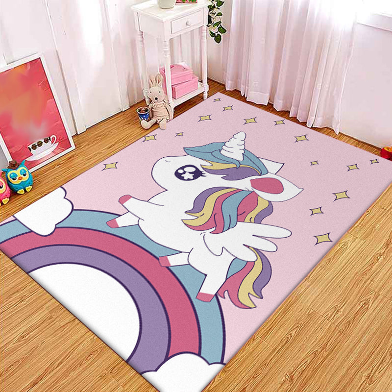 BowLift | Pink Children's Room Carpet Children Animal Unicorn Rainbow Pattern Rug Polyester Non-Slip Backing Carpet
