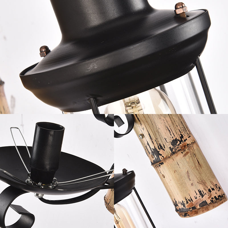 BowLift | A wall lamp with a clear glass lantern in industrial style, wall lamp for the dining room in black with a bamboo backplate