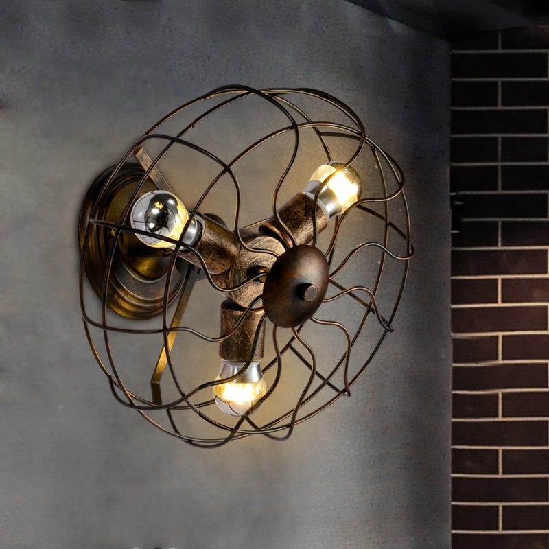 BowLift | Weathered Copper Wall Lamp with Cage Shade Antique Style Wrought Iron 3 Lights Indoor Wall Lighting