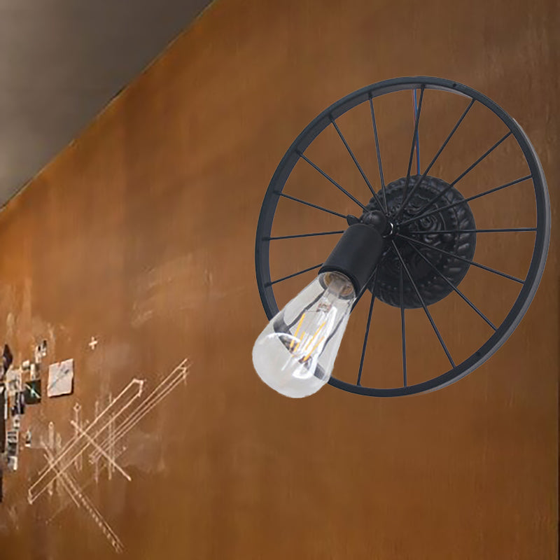 BowLift | Black/Bronze Wheel Design Wall Sconce Lamp with Open Bulb Farmhouse Style Metal 1 Light Restaurant Sconce Light
