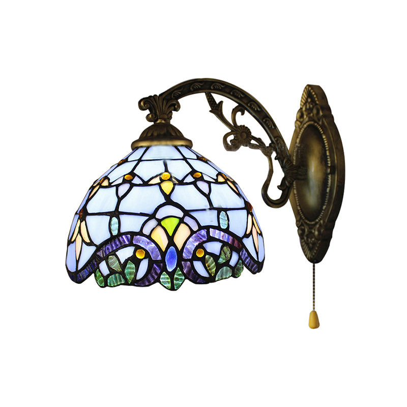 BowLift | 1 Light Dome Wall Lamp with Pull Chain Baroque Style Stained Glass Wall Lantern Light in Sky Blue/Navy Blue