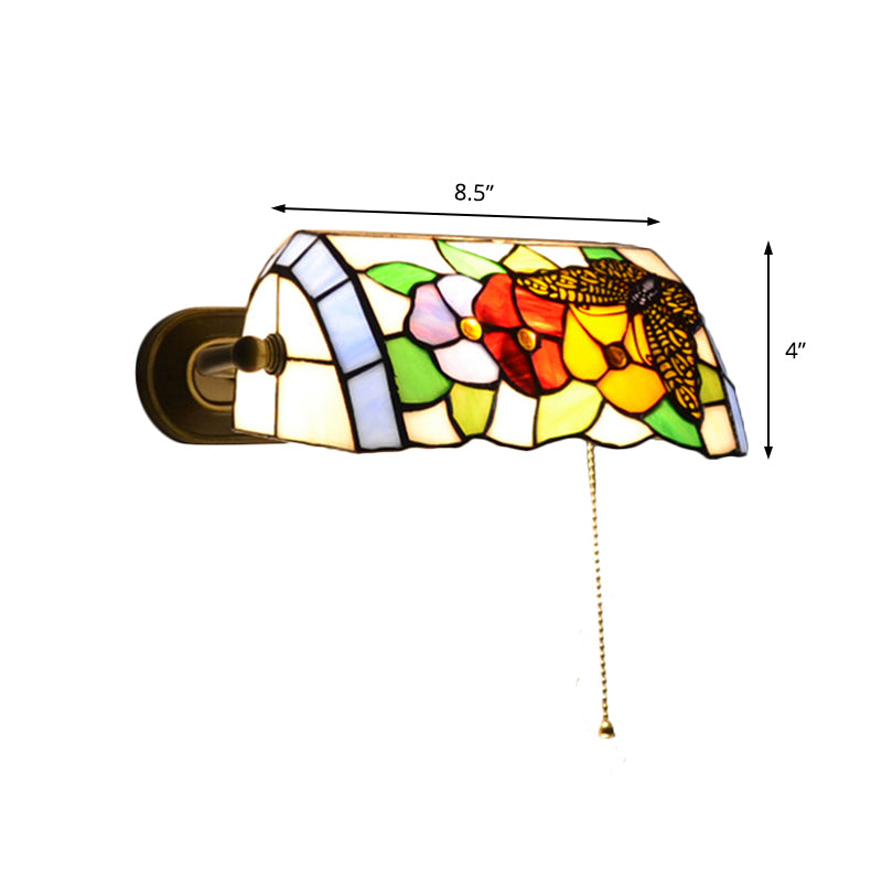 BowLift | Banker Wall Lamp with Pull Switch Traditional Style Stained Glass Flower Wall Lamp in Brass
